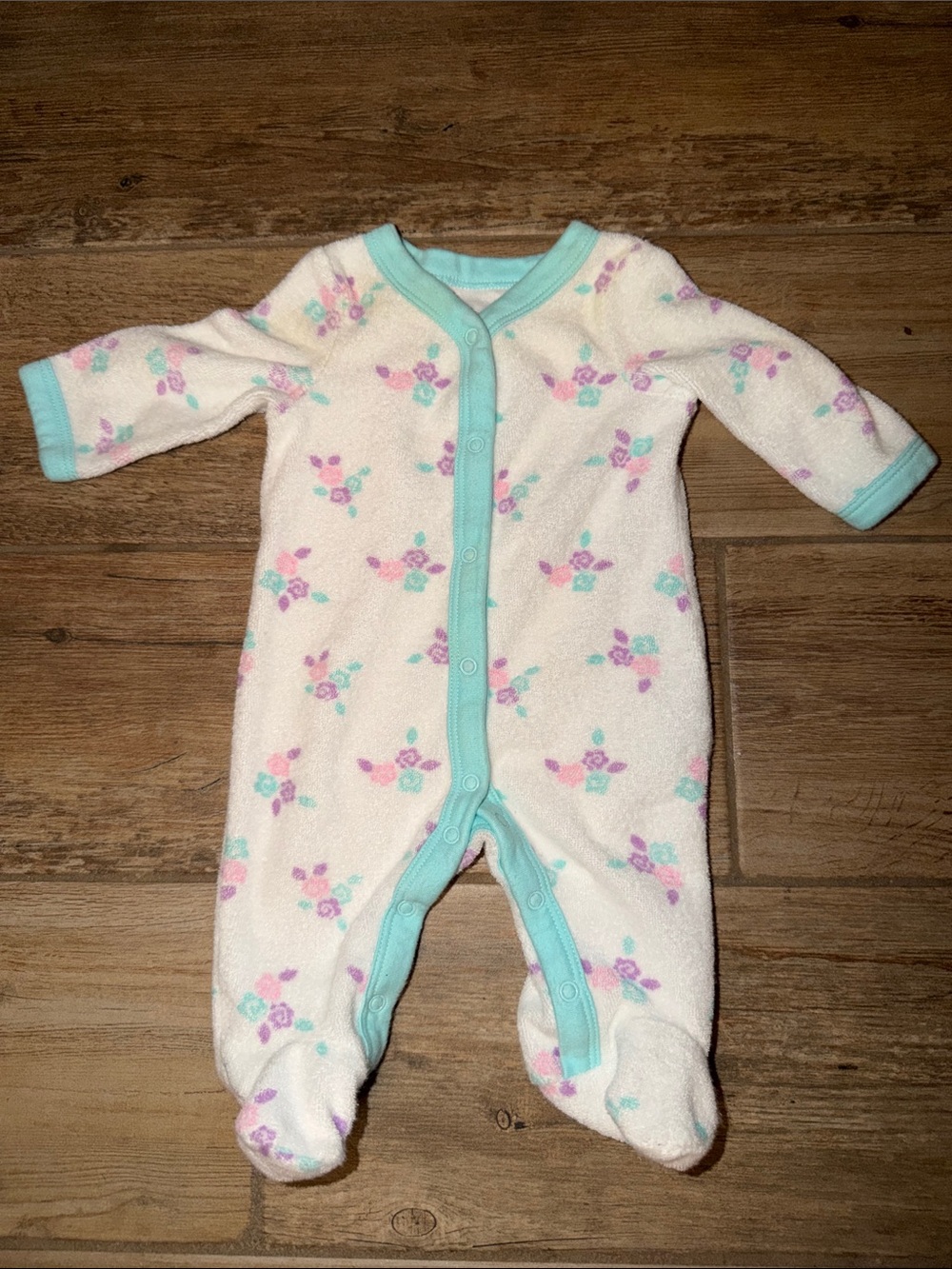 Cream Floral Footie with Mint Trim - Baby One-Piece